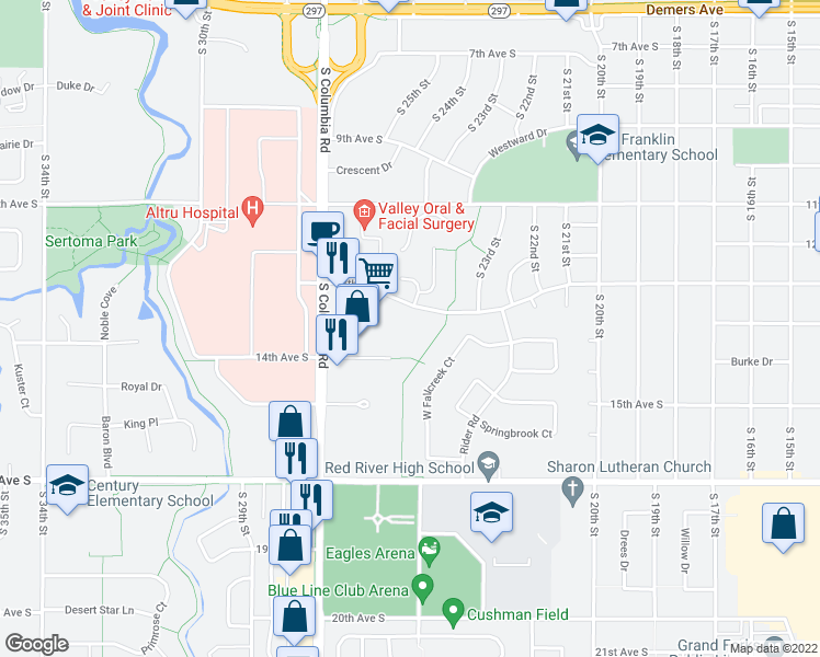 map of restaurants, bars, coffee shops, grocery stores, and more near 2505 13th Avenue South in Grand Forks