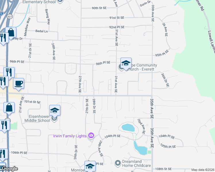 map of restaurants, bars, coffee shops, grocery stores, and more near 9810 30th Drive Southeast in Everett