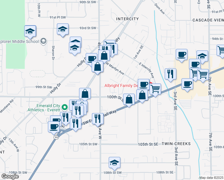 map of restaurants, bars, coffee shops, grocery stores, and more near 9825 4th Avenue West in Everett