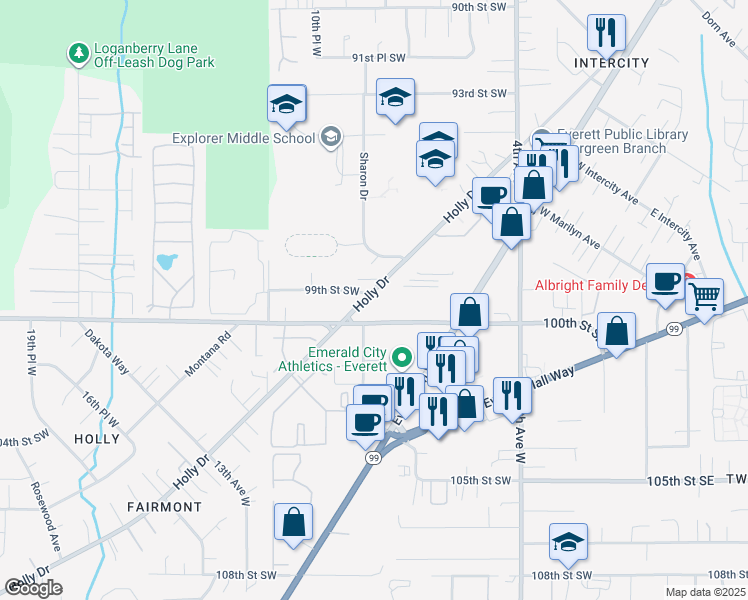map of restaurants, bars, coffee shops, grocery stores, and more near 905 99th Street Southwest in Everett