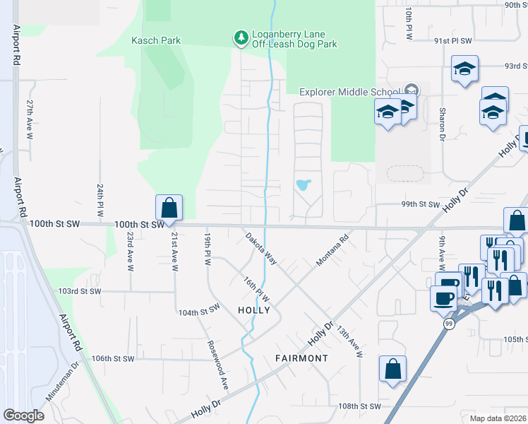 map of restaurants, bars, coffee shops, grocery stores, and more near 22 Loganberry Lane in Everett