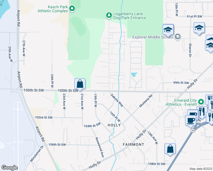 map of restaurants, bars, coffee shops, grocery stores, and more near 9916 18th Avenue West in Everett