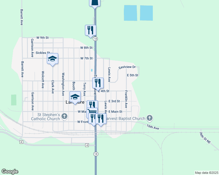 map of restaurants, bars, coffee shops, grocery stores, and more near 519 Lewis Avenue in Larimore