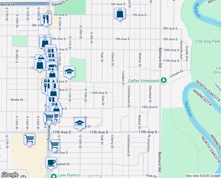 map of restaurants, bars, coffee shops, grocery stores, and more near 711 13th Avenue South in Grand Forks