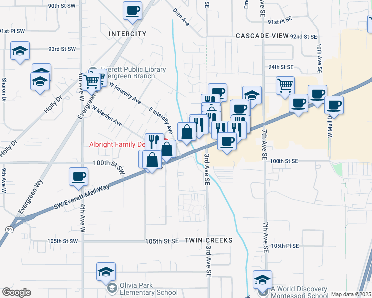 map of restaurants, bars, coffee shops, grocery stores, and more near 125 East Intercity Avenue in Everett