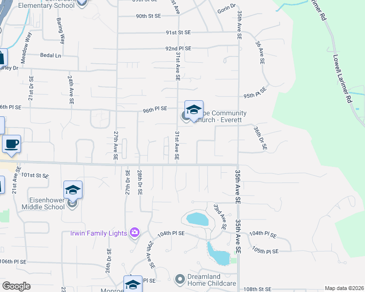 map of restaurants, bars, coffee shops, grocery stores, and more near 9811 31st Avenue Southeast in Everett