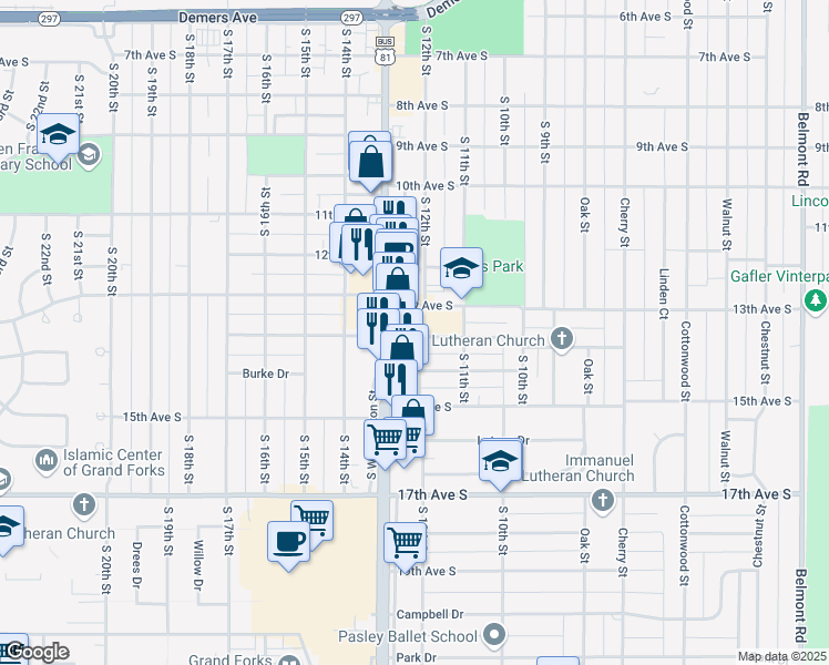 map of restaurants, bars, coffee shops, grocery stores, and more near 1206 14th Avenue South in Grand Forks