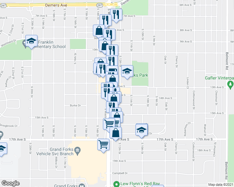 map of restaurants, bars, coffee shops, grocery stores, and more near 1318 South 12th Street in Grand Forks