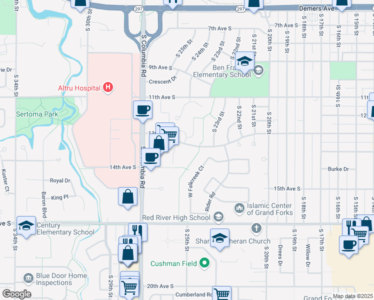 map of restaurants, bars, coffee shops, grocery stores, and more near 2505 13th Ave S in Grand Forks