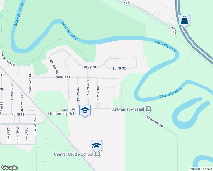 map of restaurants, bars, coffee shops, grocery stores, and more near 2034 10th Street Southeast in East Grand Forks