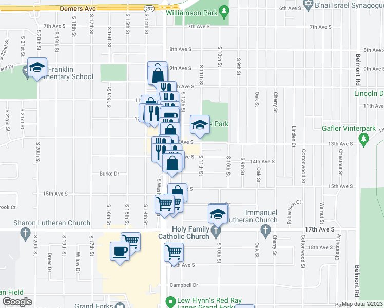 map of restaurants, bars, coffee shops, grocery stores, and more near 1110 14th Avenue South in Grand Forks