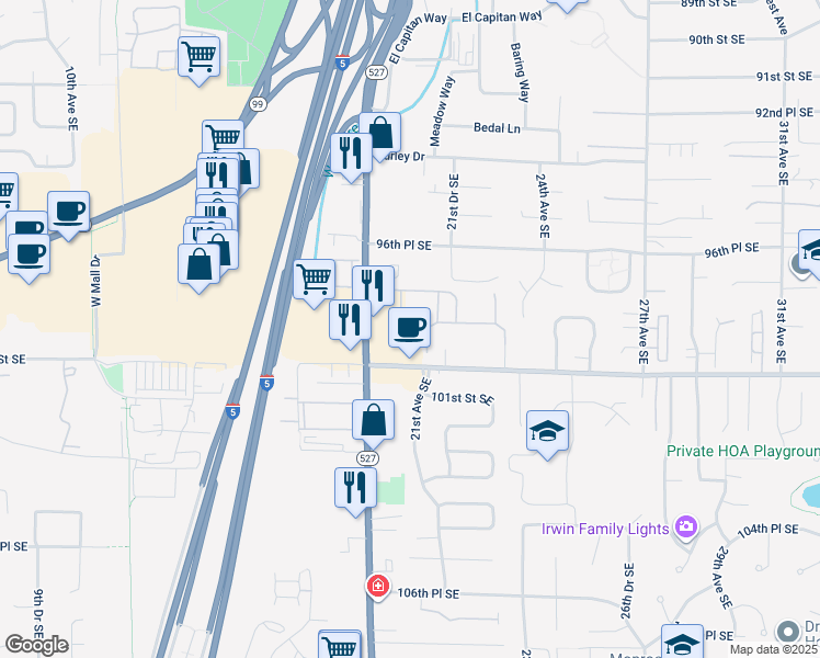 map of restaurants, bars, coffee shops, grocery stores, and more near 9833 20th Avenue Southeast in Everett