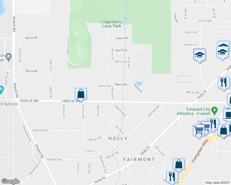 map of restaurants, bars, coffee shops, grocery stores, and more near 15 Loganberry Lane in Everett