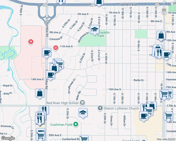 map of restaurants, bars, coffee shops, grocery stores, and more near in Grand Forks
