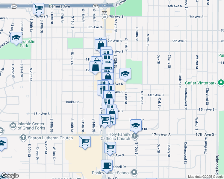 map of restaurants, bars, coffee shops, grocery stores, and more near 1318 South 12th Street in Grand Forks