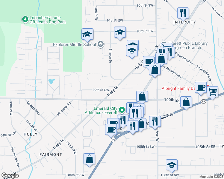 map of restaurants, bars, coffee shops, grocery stores, and more near 905 99th Street Southwest in Everett