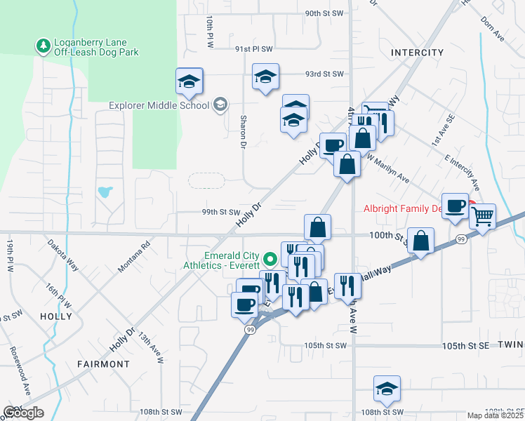 map of restaurants, bars, coffee shops, grocery stores, and more near 9815 Holly Drive in Everett