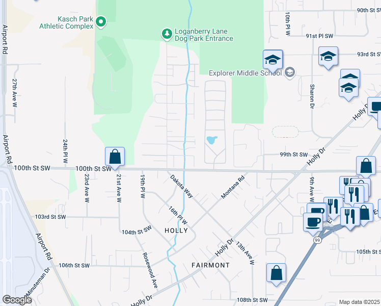 map of restaurants, bars, coffee shops, grocery stores, and more near 22 Loganberry Lane in Everett