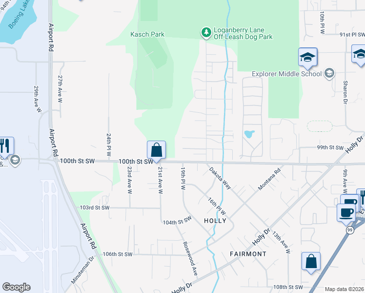 map of restaurants, bars, coffee shops, grocery stores, and more near 9900 18th Avenue West in Everett