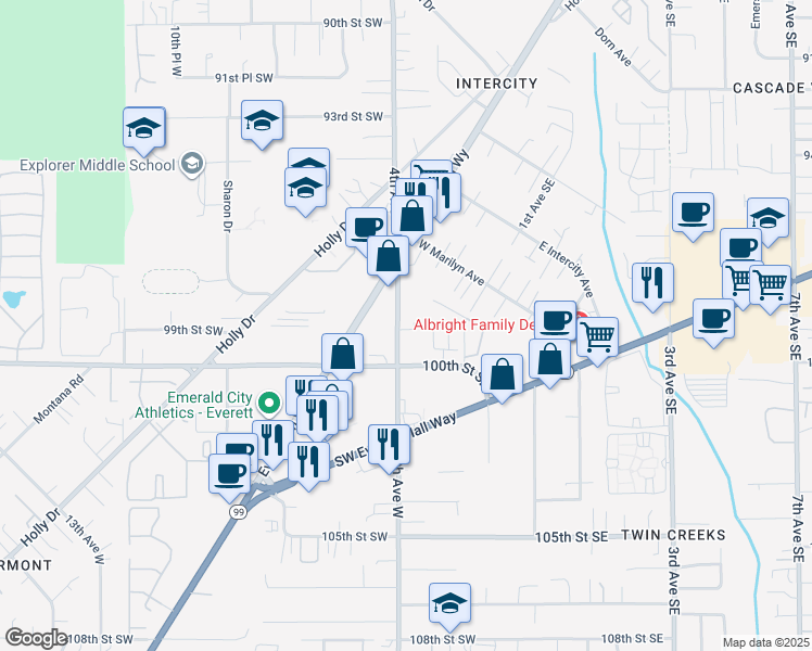 map of restaurants, bars, coffee shops, grocery stores, and more near 9825 4th Avenue West in Everett