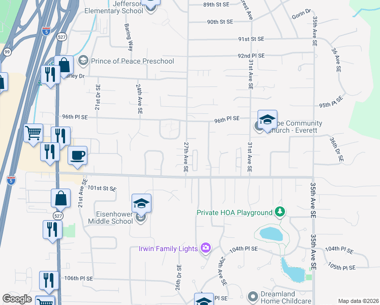map of restaurants, bars, coffee shops, grocery stores, and more near 9810 27th Drive Southeast in Everett