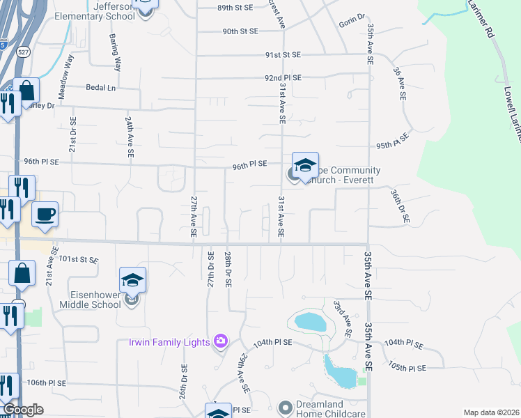 map of restaurants, bars, coffee shops, grocery stores, and more near 9810 30th Drive Southeast in Everett