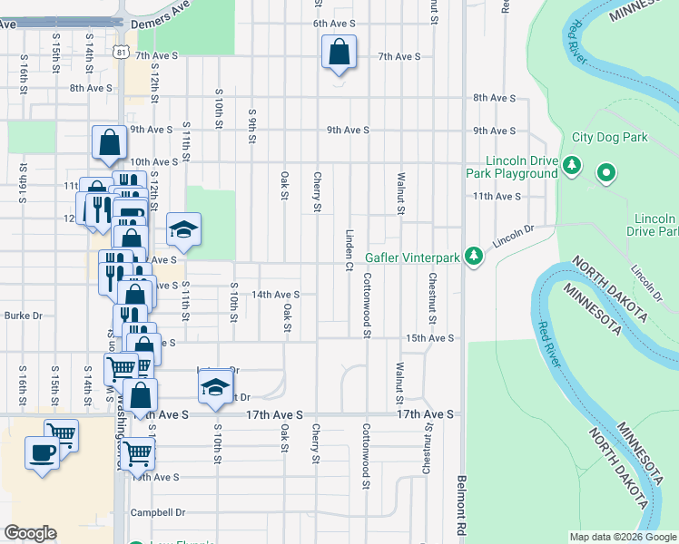 map of restaurants, bars, coffee shops, grocery stores, and more near in Grand Forks