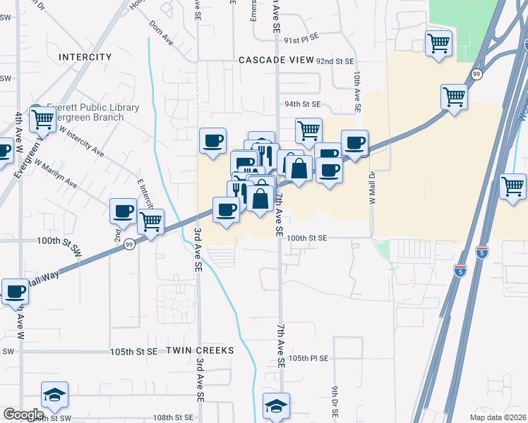 map of restaurants, bars, coffee shops, grocery stores, and more near 620 Southeast Everett Mall Way in Everett