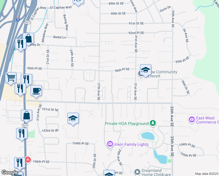 map of restaurants, bars, coffee shops, grocery stores, and more near 9810 28th Drive Southeast in Everett