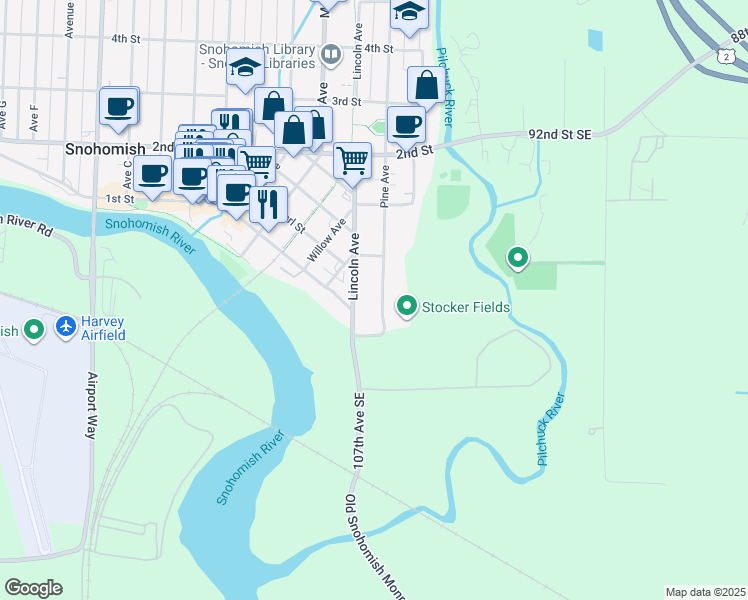 map of restaurants, bars, coffee shops, grocery stores, and more near 52 Pine Avenue in Snohomish