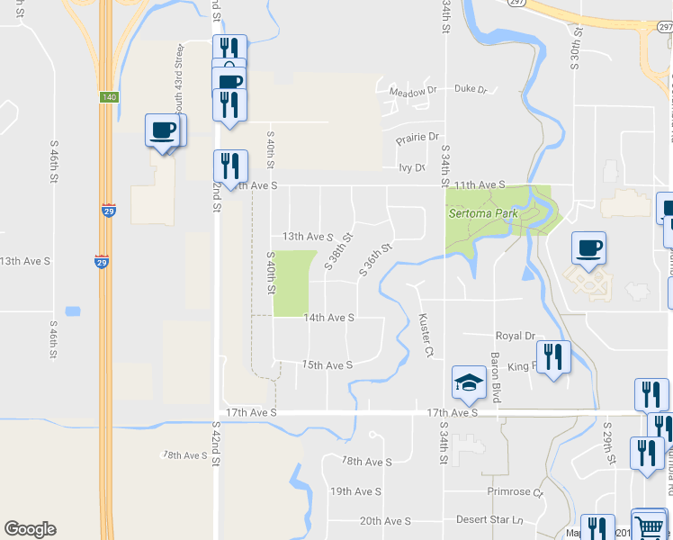 map of restaurants, bars, coffee shops, grocery stores, and more near 1329 South 38th Street in Grand Forks