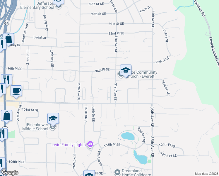 map of restaurants, bars, coffee shops, grocery stores, and more near 9810 30th Drive Southeast in Everett