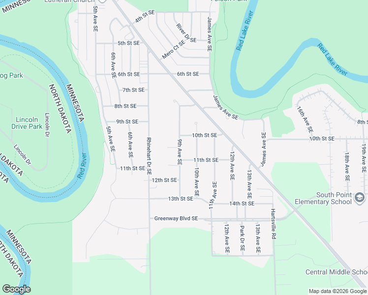 map of restaurants, bars, coffee shops, grocery stores, and more near 1017 9th Avenue Southeast in East Grand Forks
