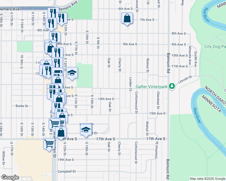 map of restaurants, bars, coffee shops, grocery stores, and more near 711 13th Avenue South in Grand Forks