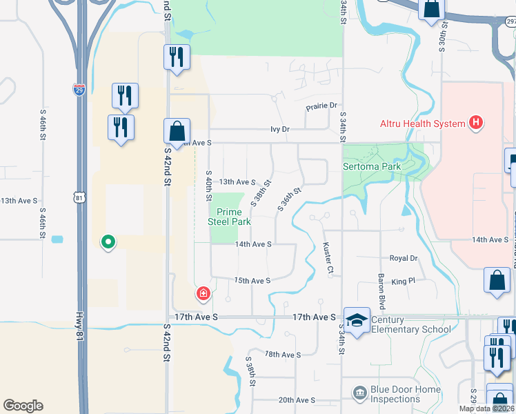 map of restaurants, bars, coffee shops, grocery stores, and more near 1329 South 38th Street in Grand Forks