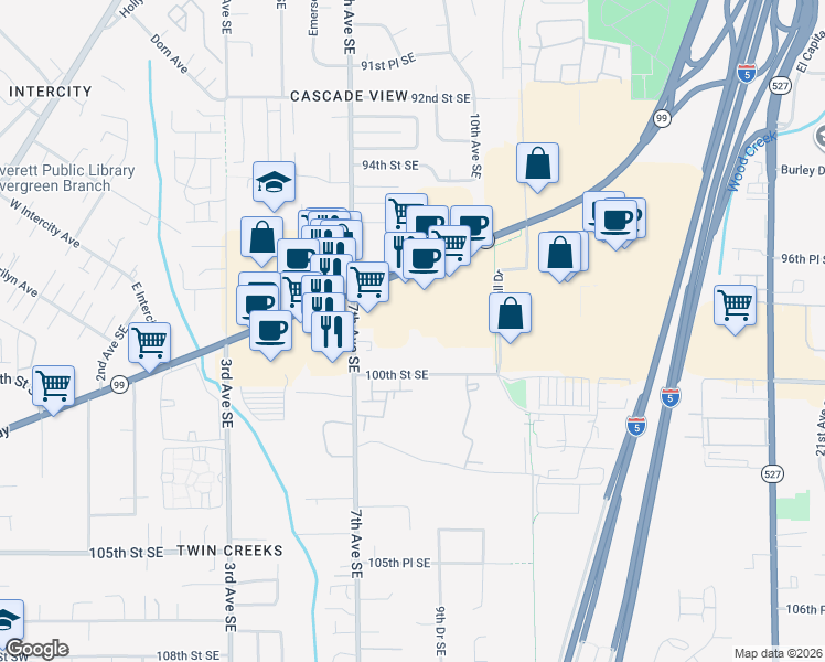 map of restaurants, bars, coffee shops, grocery stores, and more near 830 SE Everett Mall Way in Everett