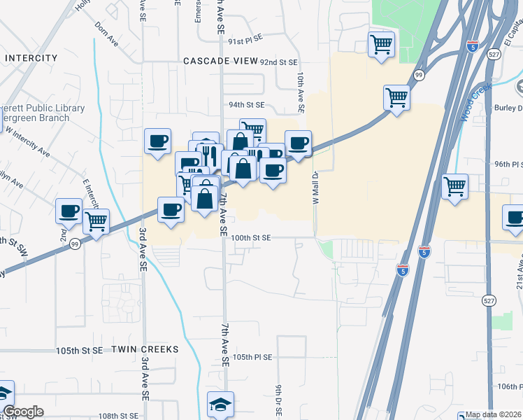 map of restaurants, bars, coffee shops, grocery stores, and more near 830 Southeast Everett Mall Way in Everett