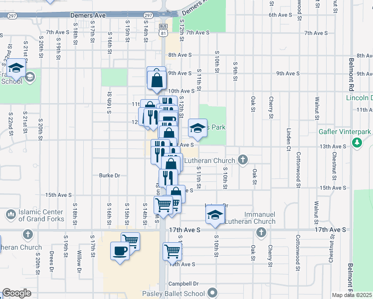 map of restaurants, bars, coffee shops, grocery stores, and more near 1306 South 11th Street in Grand Forks