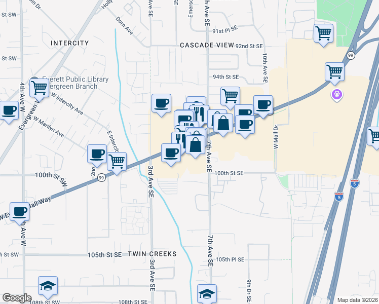 map of restaurants, bars, coffee shops, grocery stores, and more near 620 Southeast Everett Mall Way in Everett