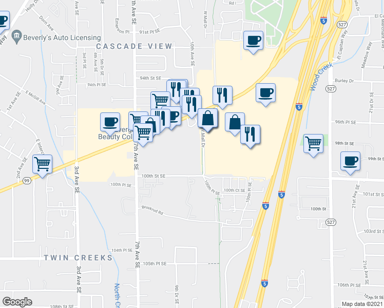 map of restaurants, bars, coffee shops, grocery stores, and more near 1010 Southeast Everett Mall Way in Everett