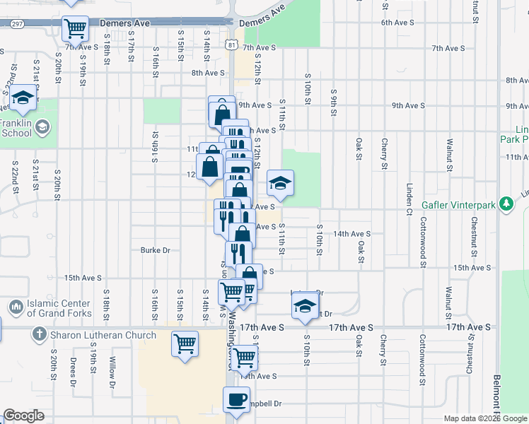 map of restaurants, bars, coffee shops, grocery stores, and more near 1117 13th Avenue South in Grand Forks