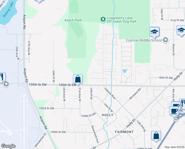 map of restaurants, bars, coffee shops, grocery stores, and more near 9900 18th Avenue West in Everett