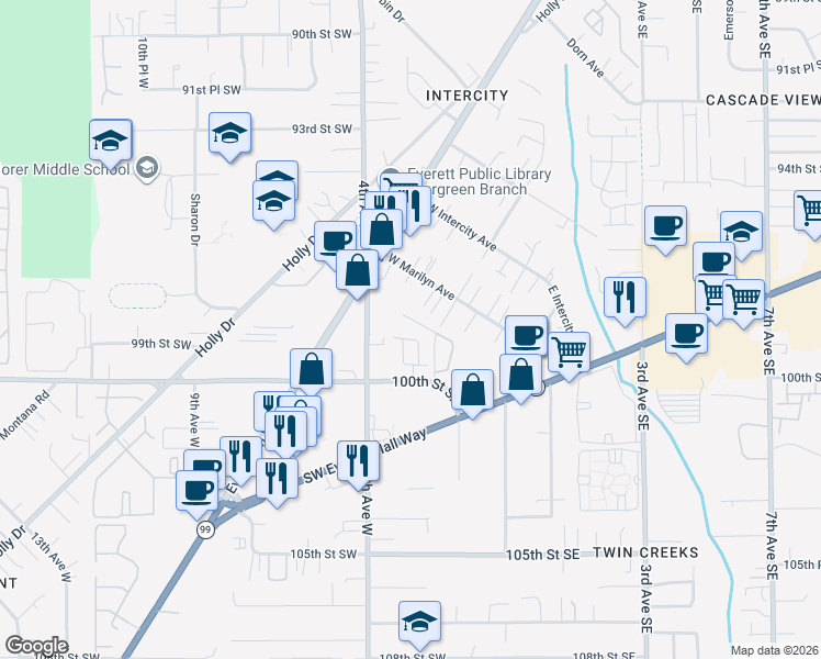 map of restaurants, bars, coffee shops, grocery stores, and more near 9825 4th Avenue West in Everett
