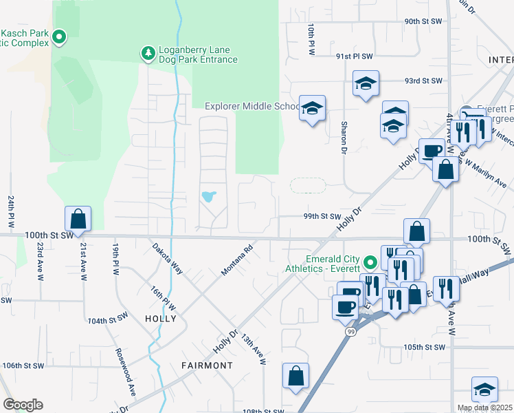 map of restaurants, bars, coffee shops, grocery stores, and more near 9900 12th Avenue West in Everett
