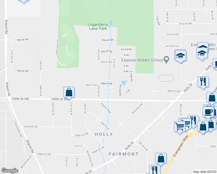 map of restaurants, bars, coffee shops, grocery stores, and more near 22 Loganberry Lane in Everett