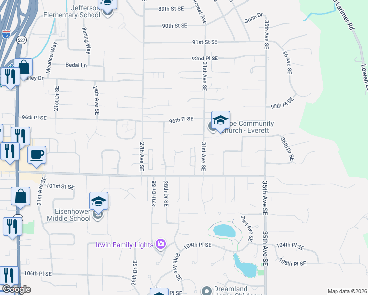 map of restaurants, bars, coffee shops, grocery stores, and more near 2919 98th Place Southeast in Everett