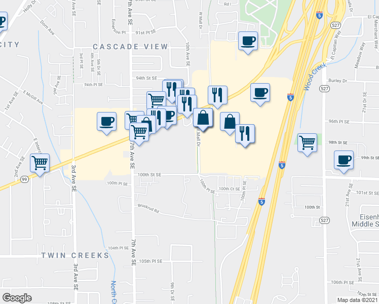 map of restaurants, bars, coffee shops, grocery stores, and more near 1010 SE Everett Mall Way in Everett