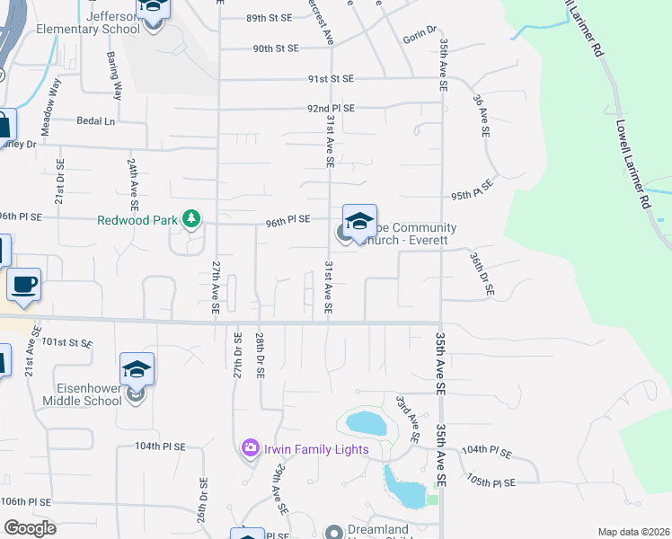 map of restaurants, bars, coffee shops, grocery stores, and more near 9821 31st Avenue Southeast in Everett