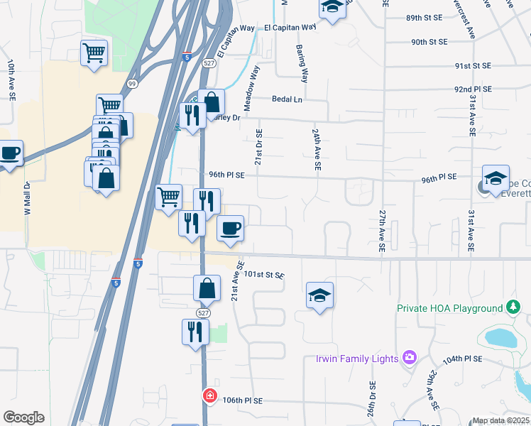 map of restaurants, bars, coffee shops, grocery stores, and more near 9809 21st Drive Southeast in Everett