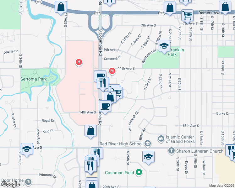 map of restaurants, bars, coffee shops, grocery stores, and more near 13th Avenue South in Grand Forks